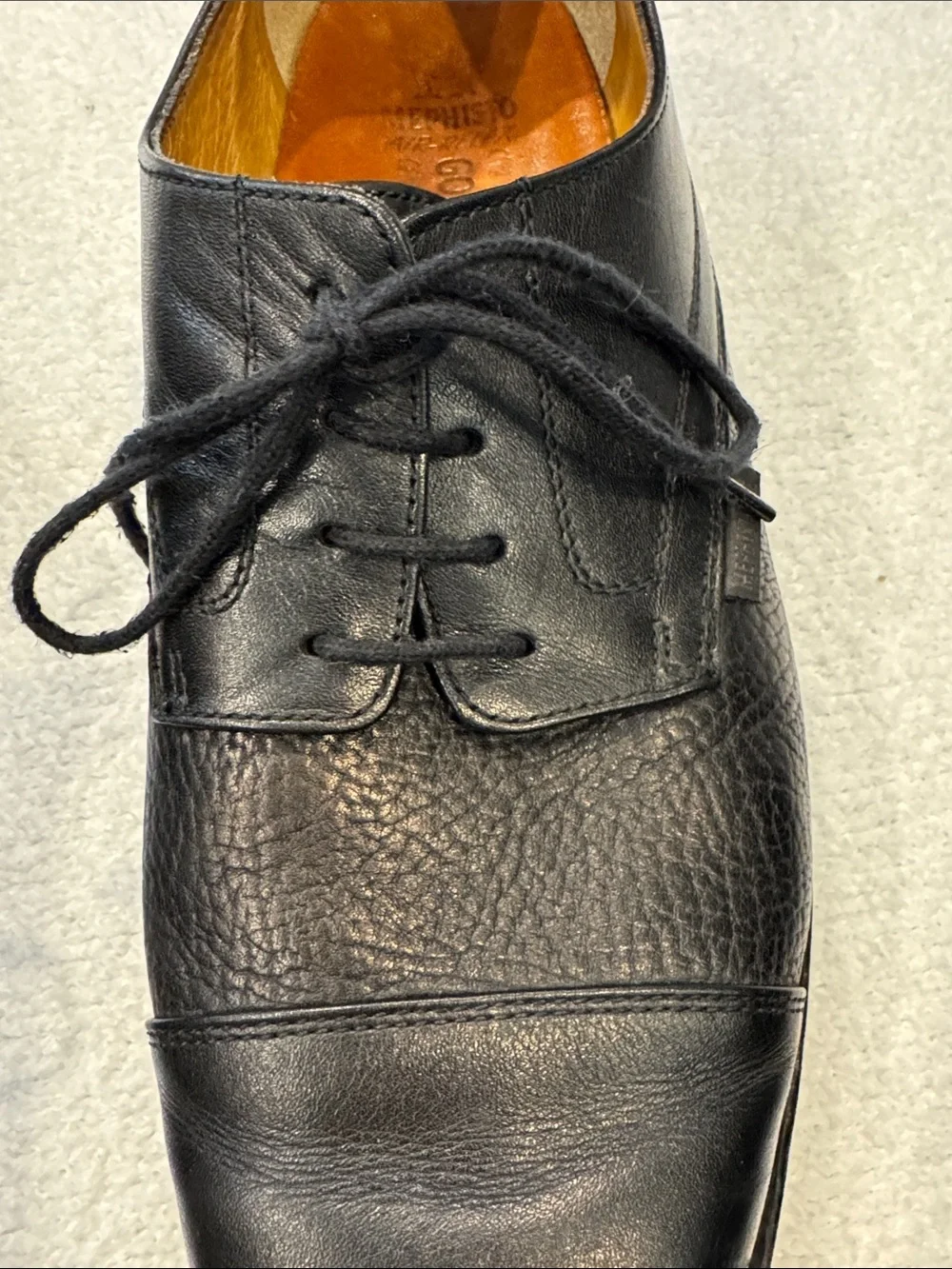 Mephisto Black Leather Cap-Toe Derby Shoes Size 12. Excellent Condition